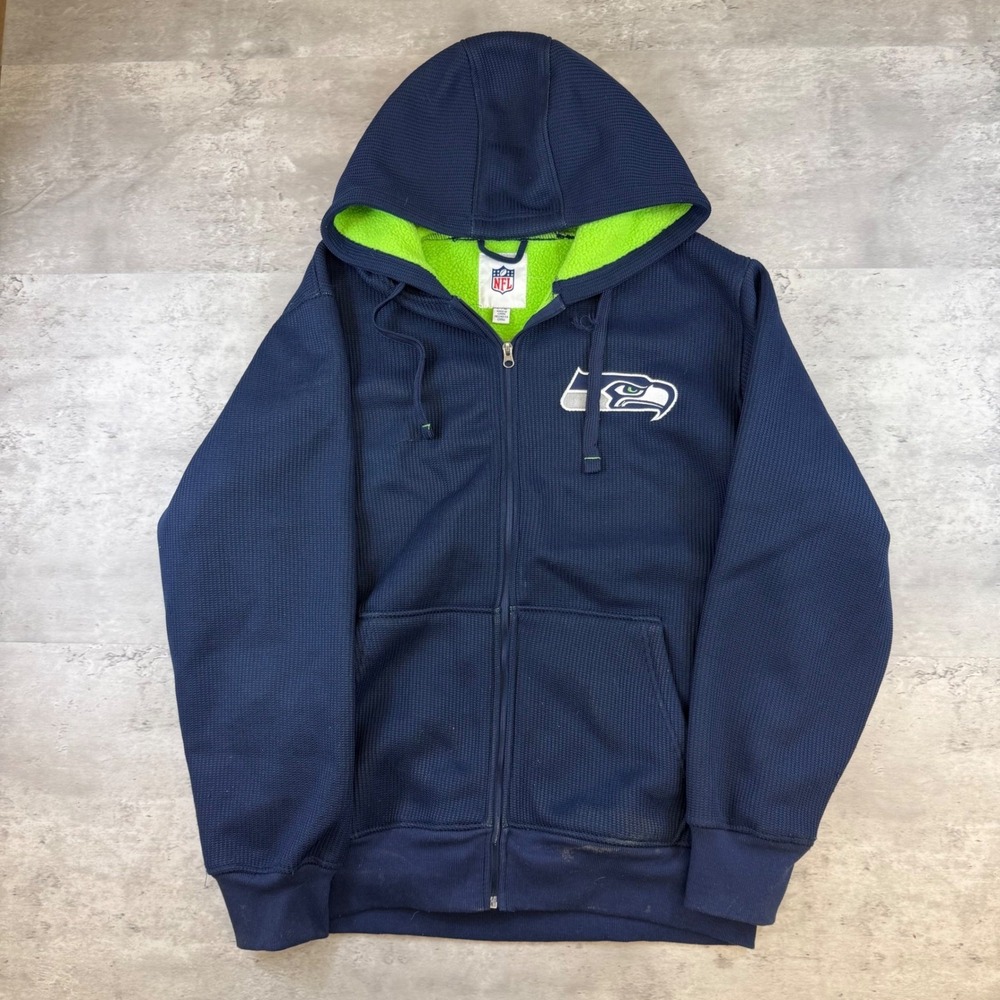 NFL Seahawks Full Zip Hoodie Mens Large Navy Blue Waffle Knit Fleece Lined